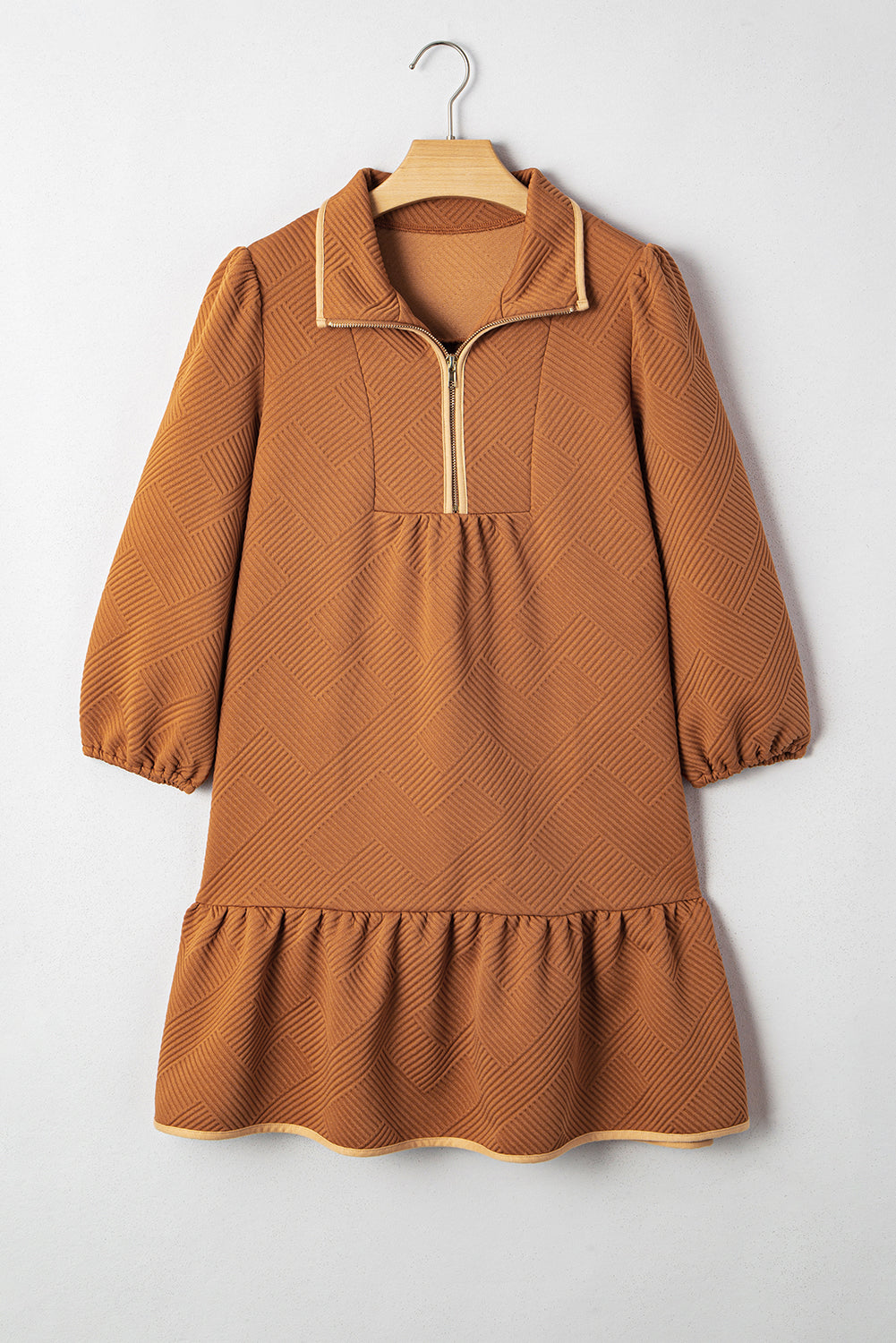 Zip Collar Textured Mini Dress with Long Sleeves