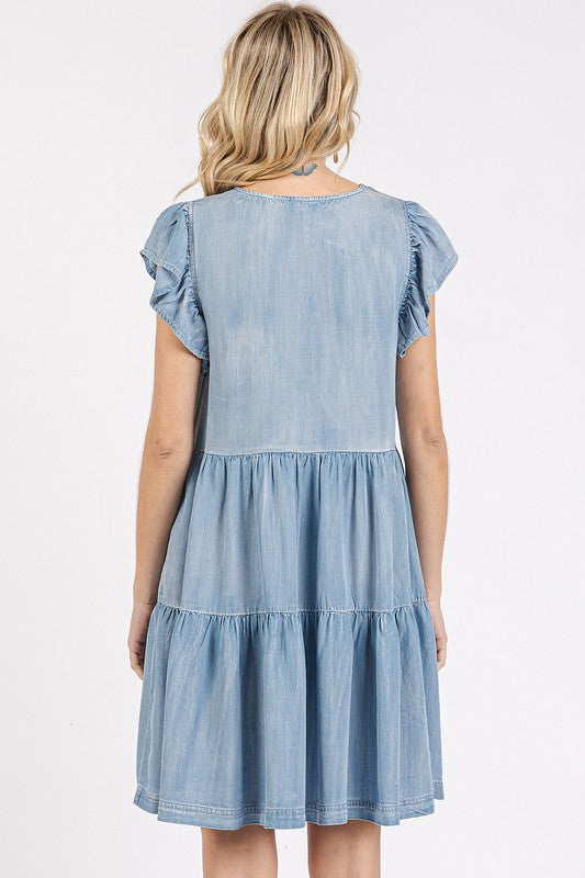 V-Neck Ruffled Cap Sleeve Mini Dress for Women