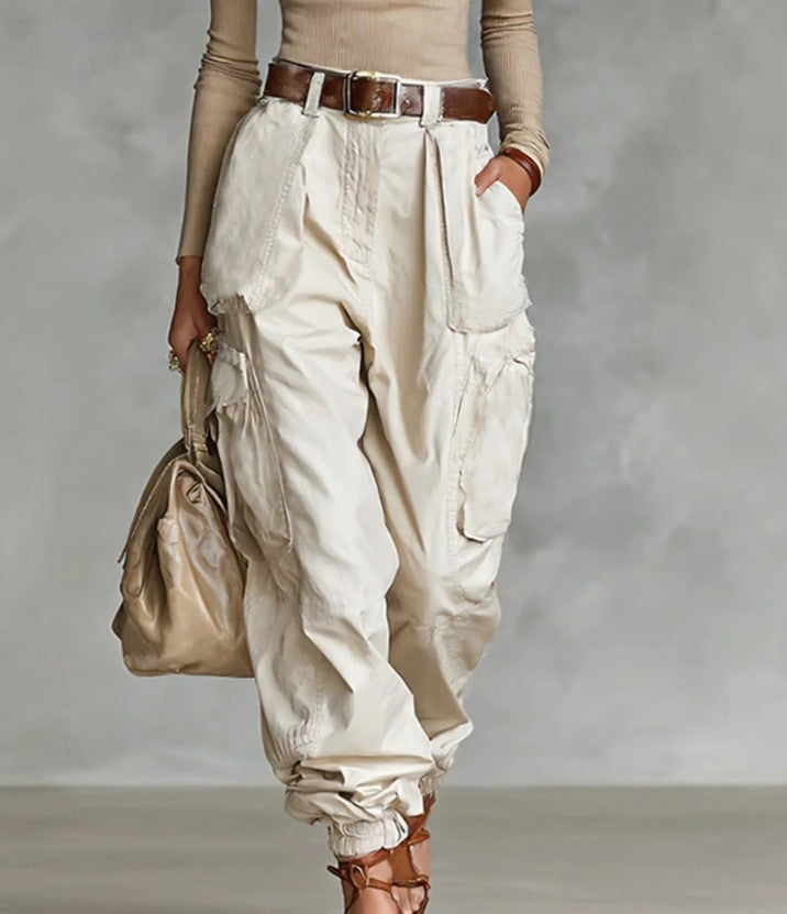 Women's High-Waist Beige Cargo Joggers with Elastic Cuffs - Image 3