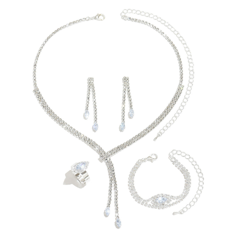 Hot-Selling Jewelry Claw Chain Marquise Zircon Ring Bracelet Necklace Earring Set Chain Wedding Dress Jewelry Four-Piece Set