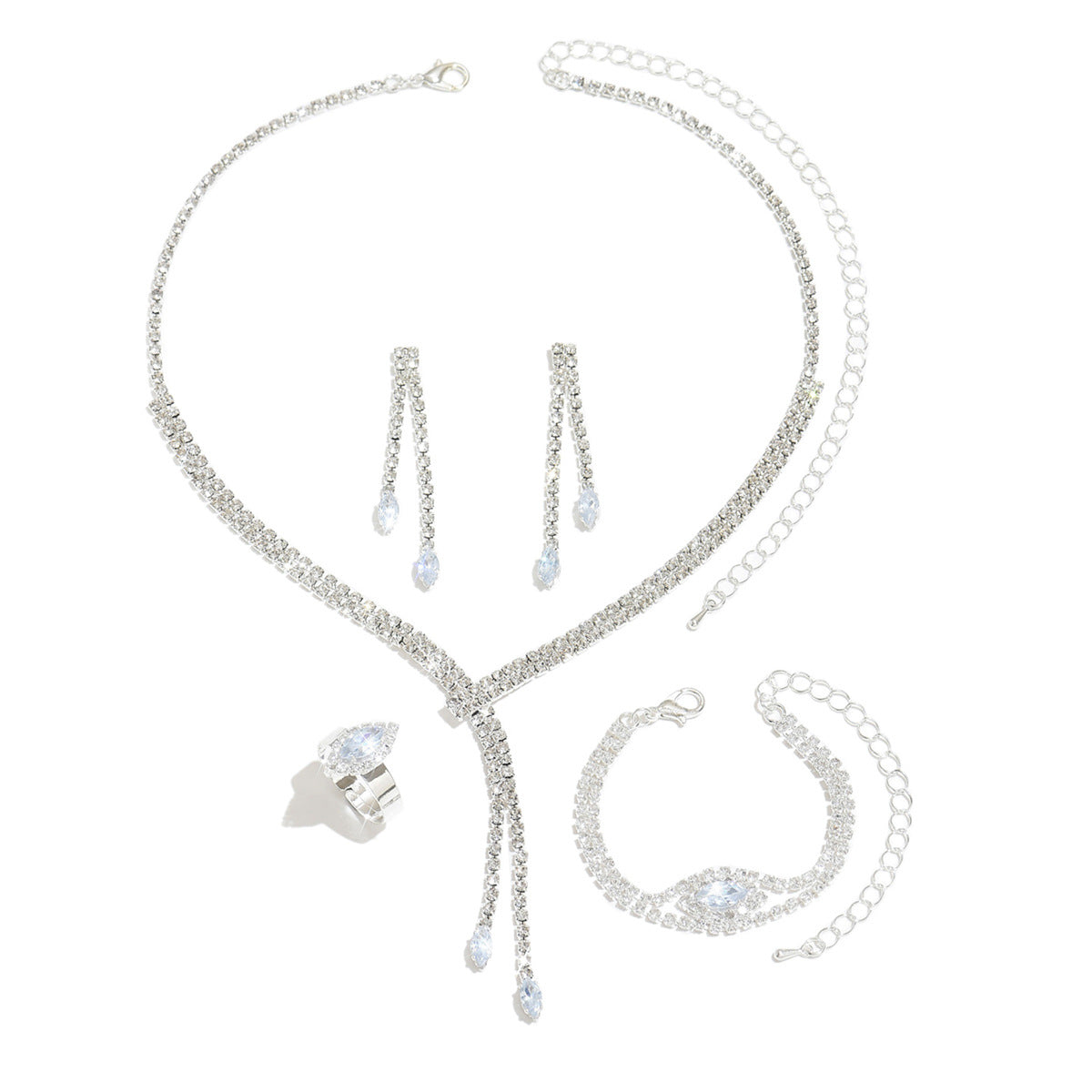 Hot-Selling Jewelry Claw Chain Marquise Zircon Ring Bracelet Necklace Earring Set Chain Wedding Dress Jewelry Four-Piece Set