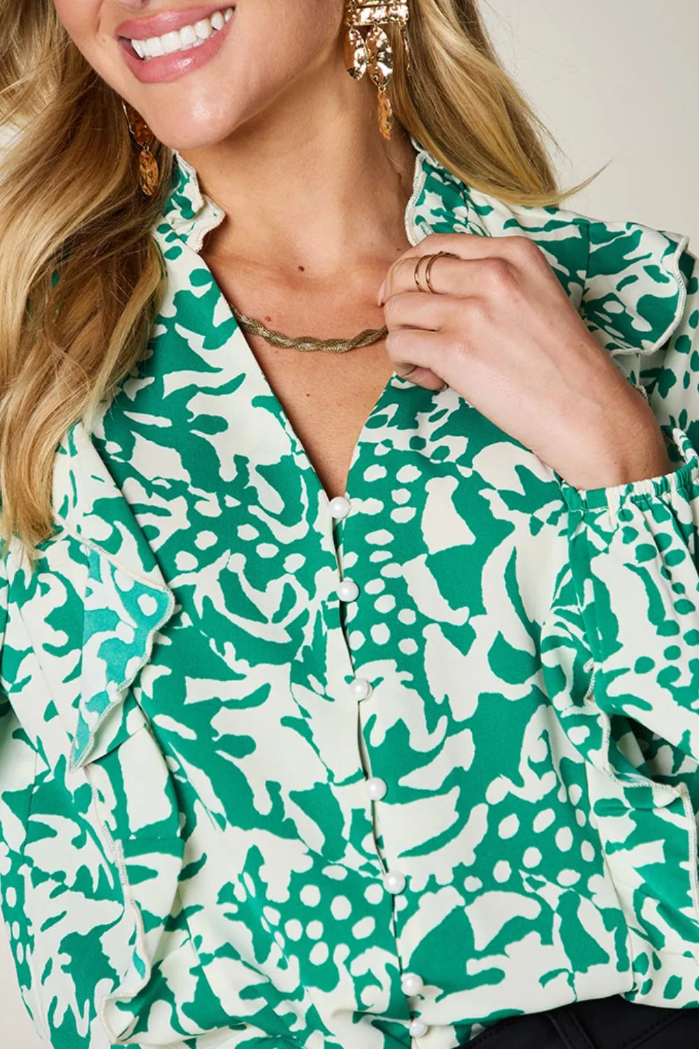 Printed Ruffle Trim Balloon Sleeve Shirt | Buttoned Blouse