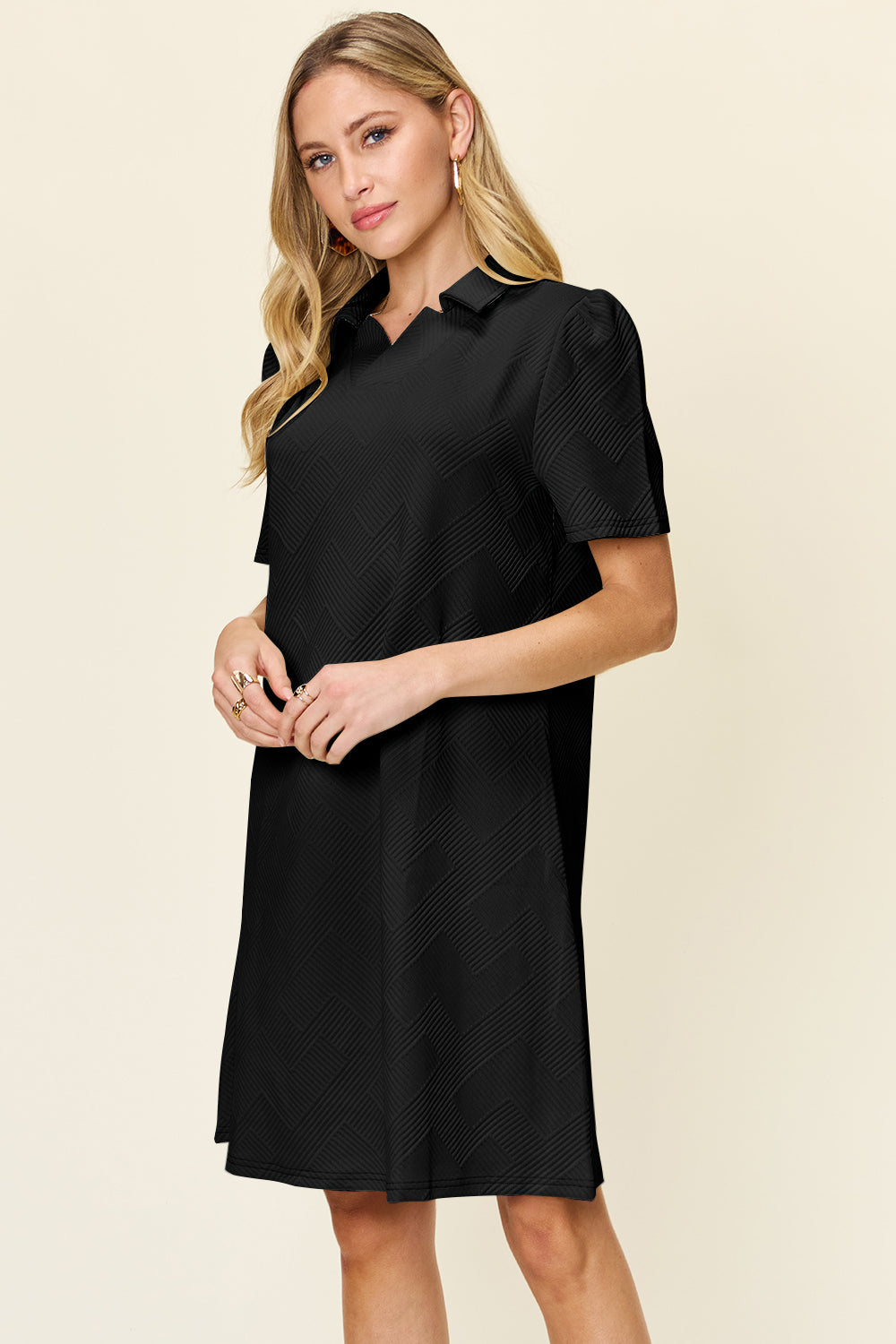 Collared Neck Short Sleeve Textured Mini Dress for Women