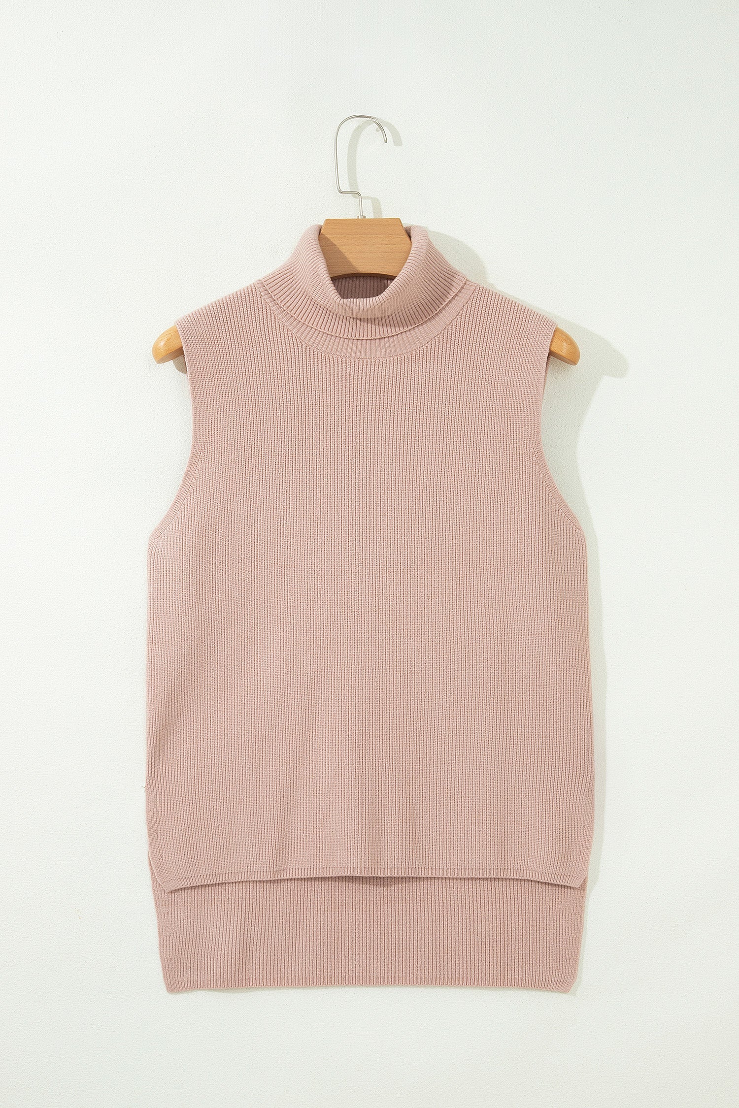 Solid Turtleneck Split Hem Sleeveless Knit Top