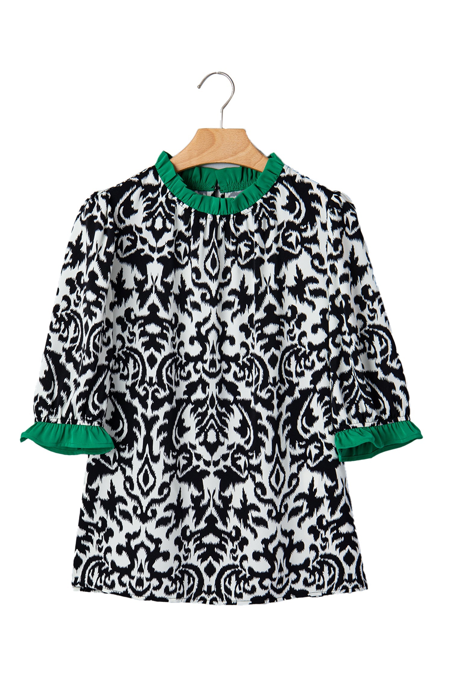 Abstract Damask Colorblock Ruffle 3/4 Sleeve Blouse