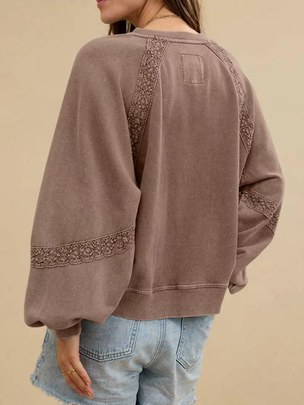 Lace Detail Notched Long Sleeve Sweatshirt