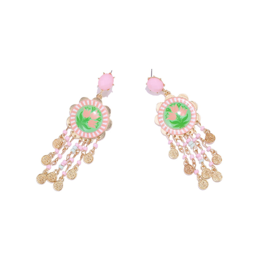 Waterfall Tassel Tulip-Print Earrings, Bohemian Statement Jewelry