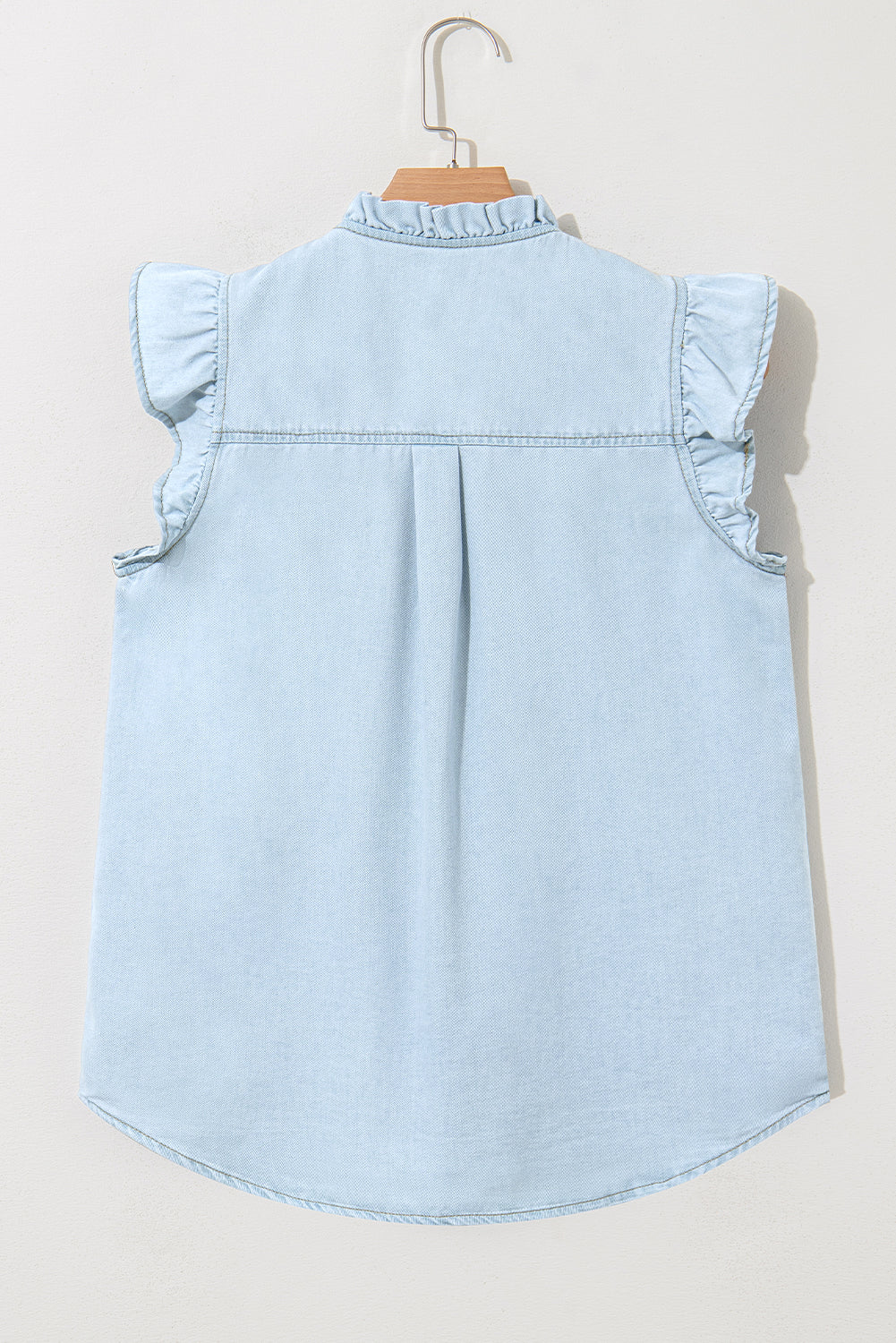 Sky Blue Mineral Wash Sleeveless Denim Shirt with Frill Details