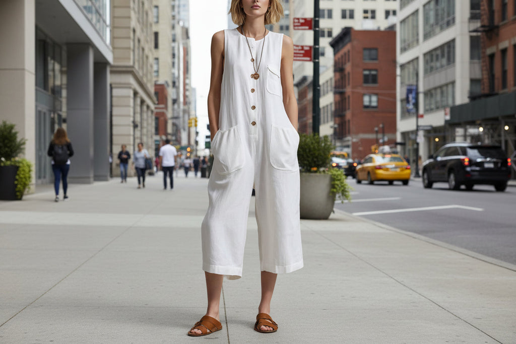 Women's Retro Sleeveless Button-Down Wide-Leg Cropped Jumpsuit - Image 4