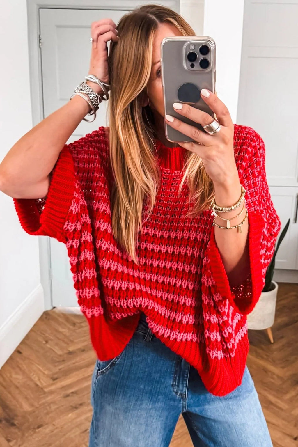 Red Stripe 3/4 Draped Sleeve Slouchy Sweater | Acrylic Knit