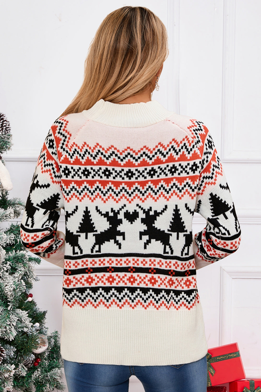 Women's Holiday Reindeer Print Crew Neck Long Sleeve Sweater - Image 2