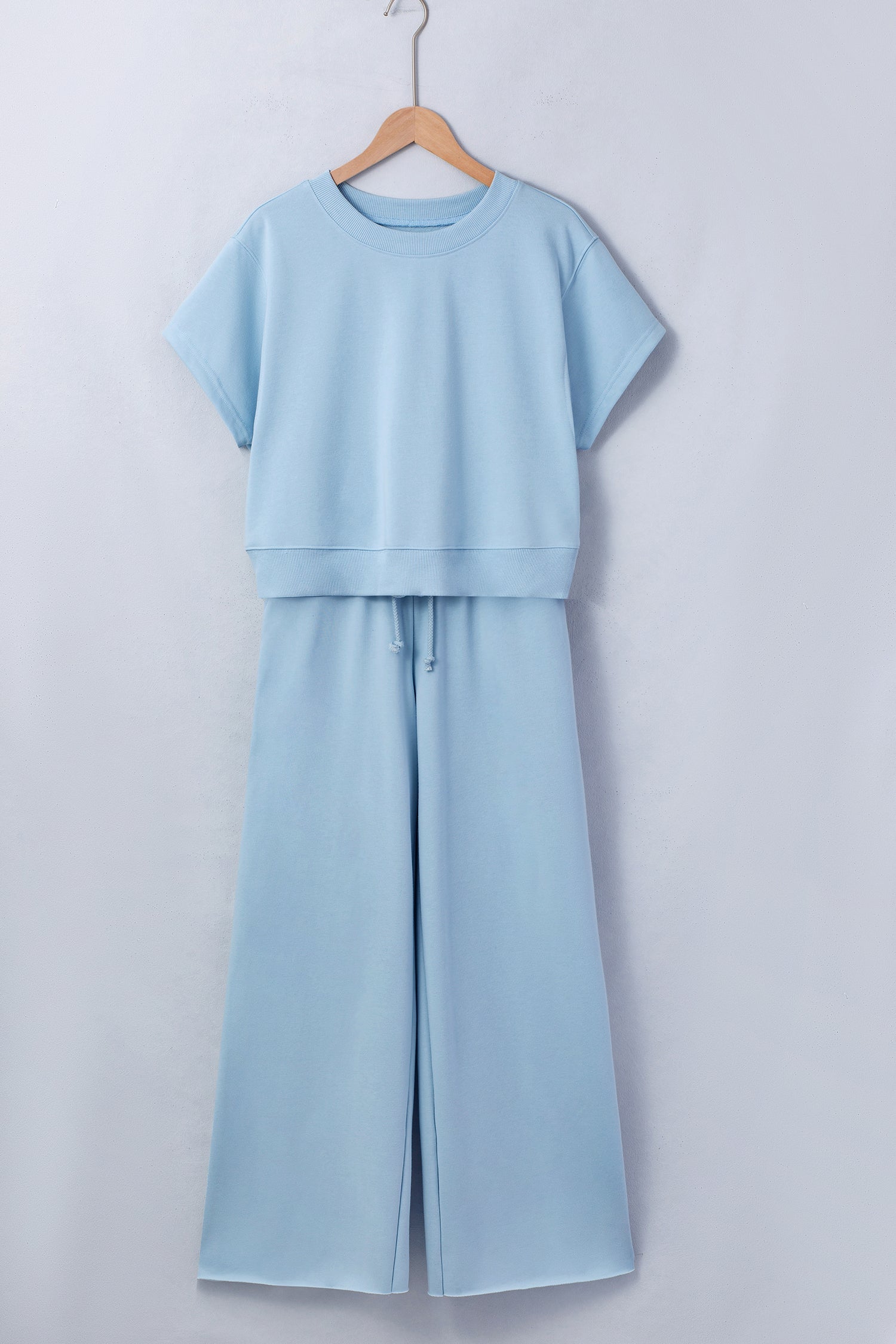 Mist Blue Loose Tee & Wide Leg Drawstring Pants 2pc Set