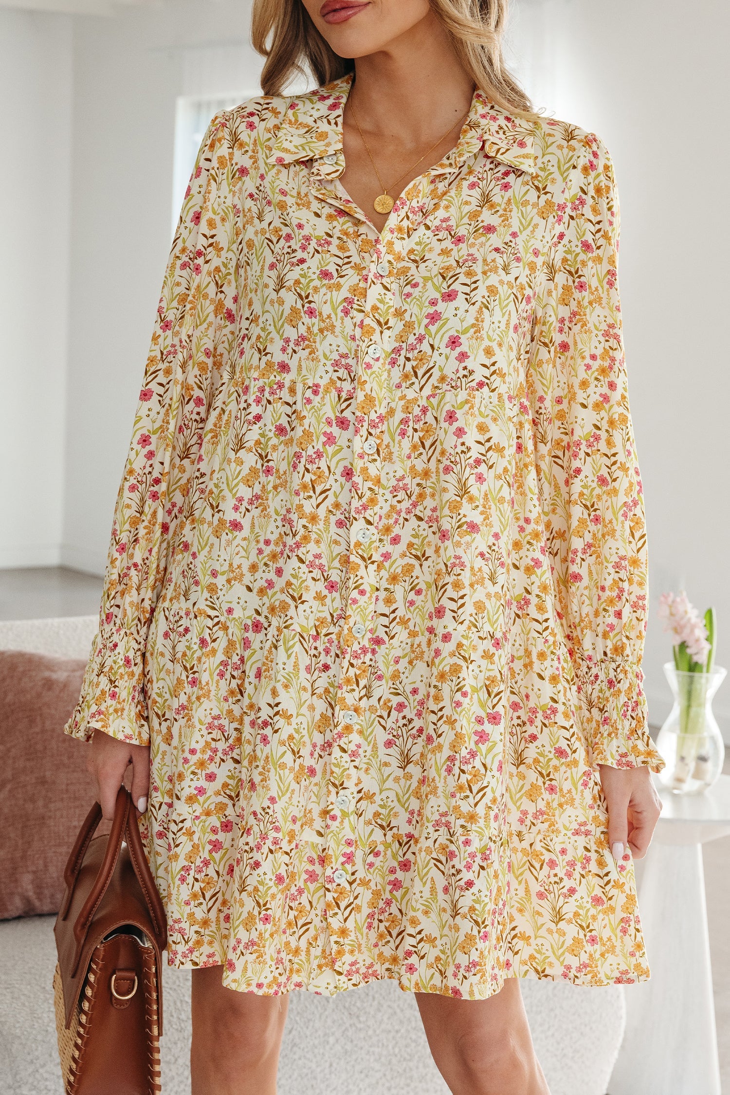 Yellow Floral Print Frilly Trim Smocked Cuff Long Sleeve Shirt Dress