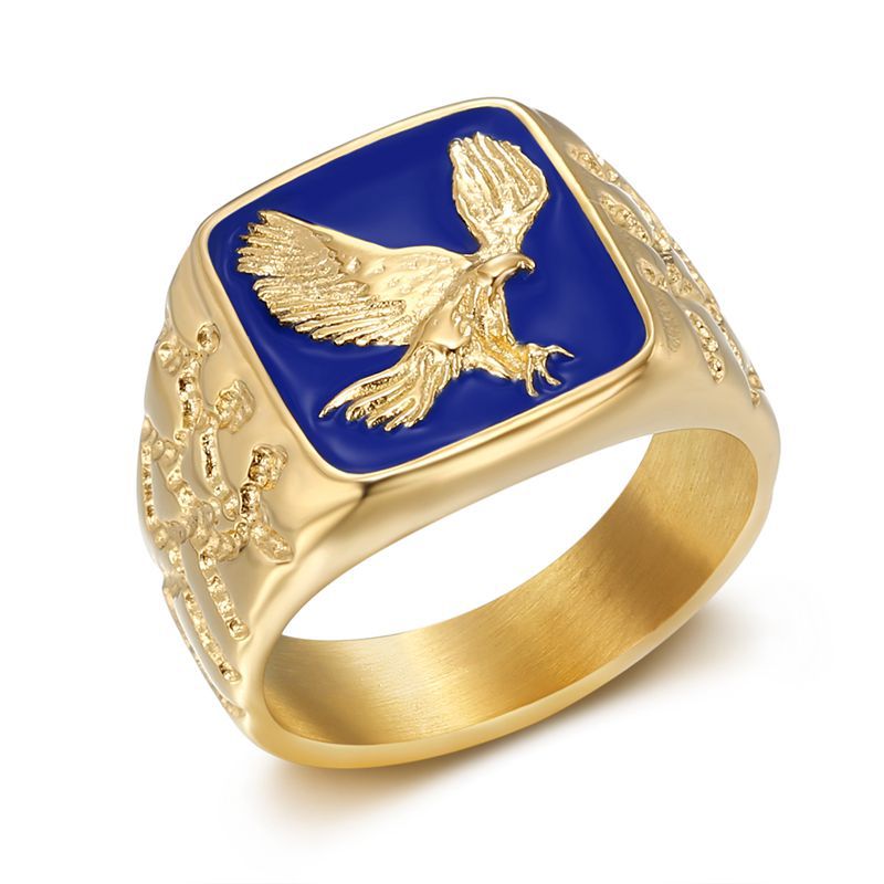 Stainless Steel Gold-Plated Blue Resin Wings-Flying Mens Ring