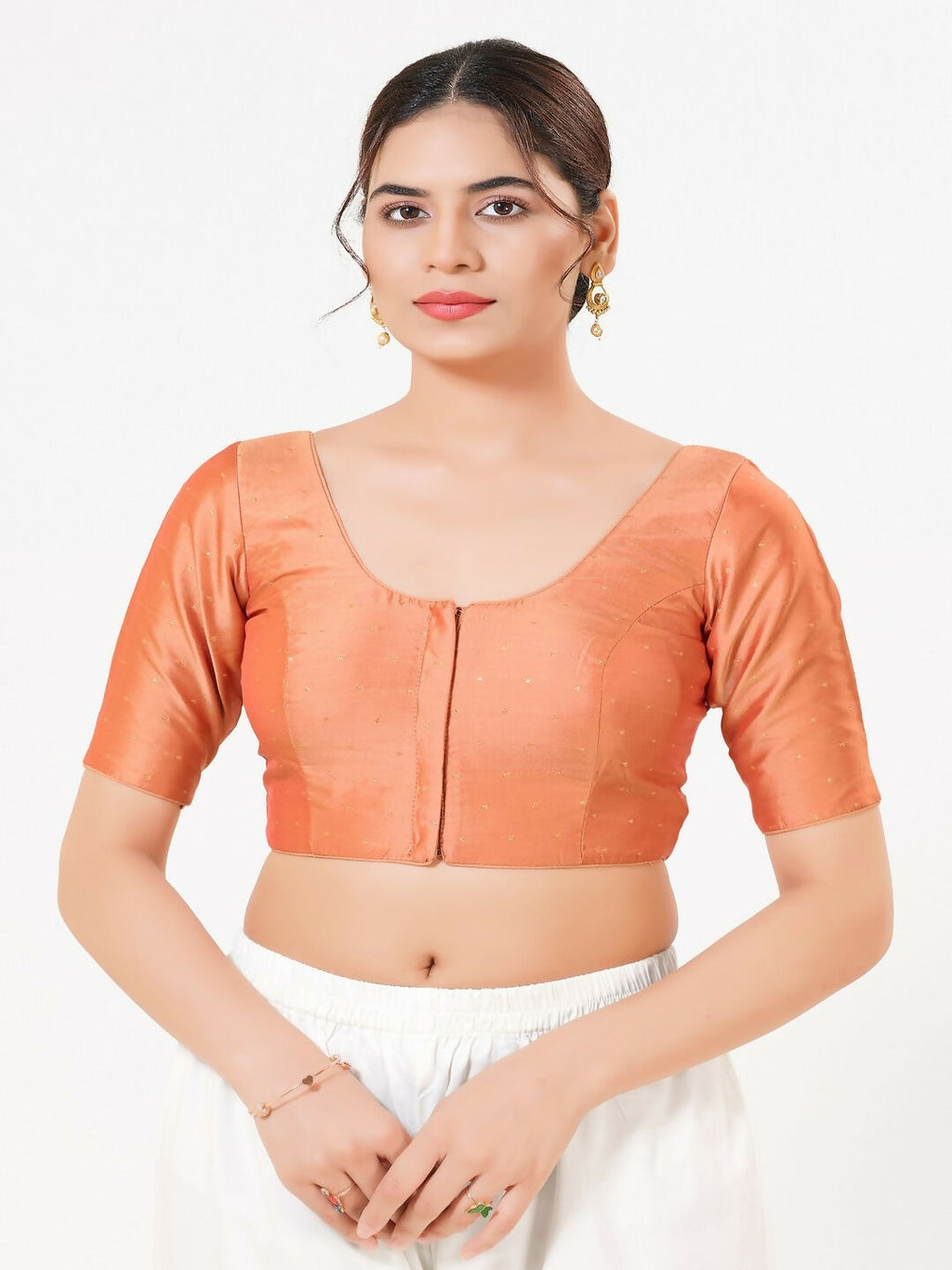Rose-Gold Taffeta Silk front-open blouse with elbow-length sleeves