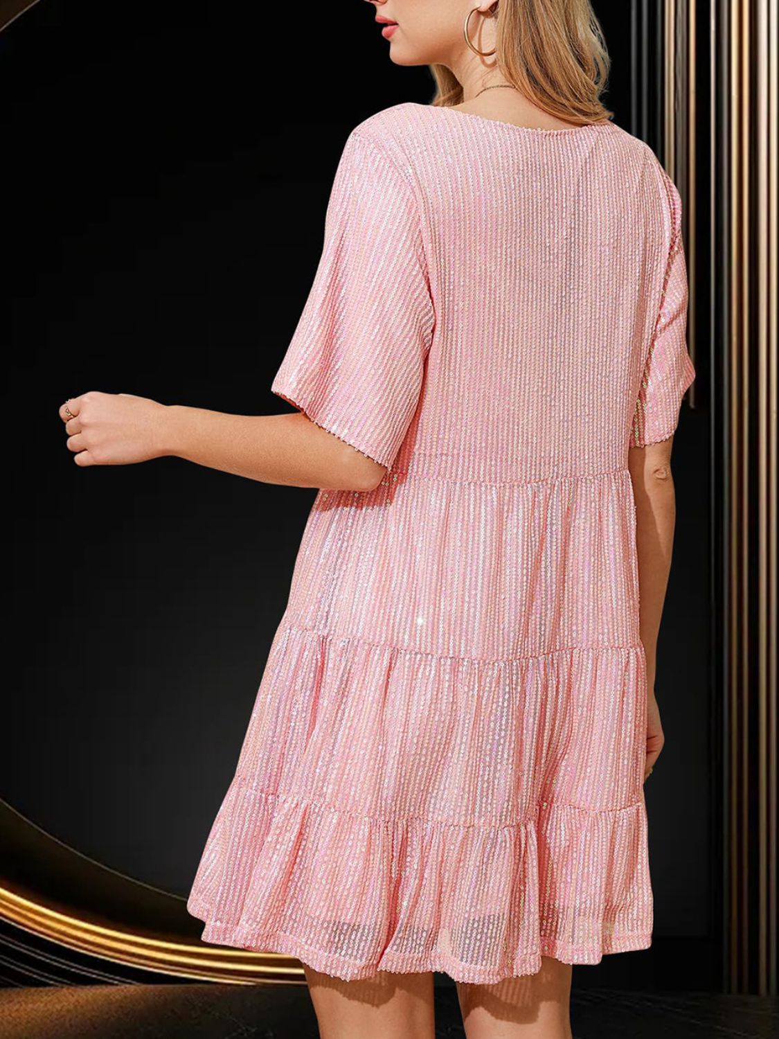 Sequin Round Neck Half Sleeve Mini Dress | Shimmer