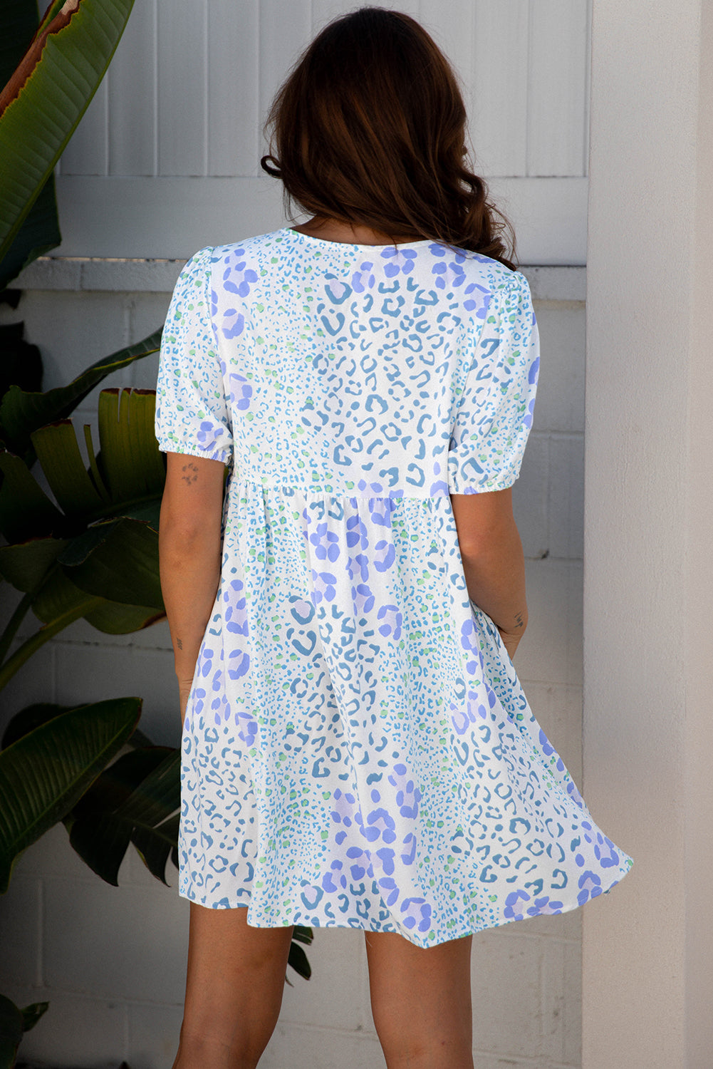 Floral Contrast Bow Puff Sleeve Mini Dress - Romantic Coquette V-Neck