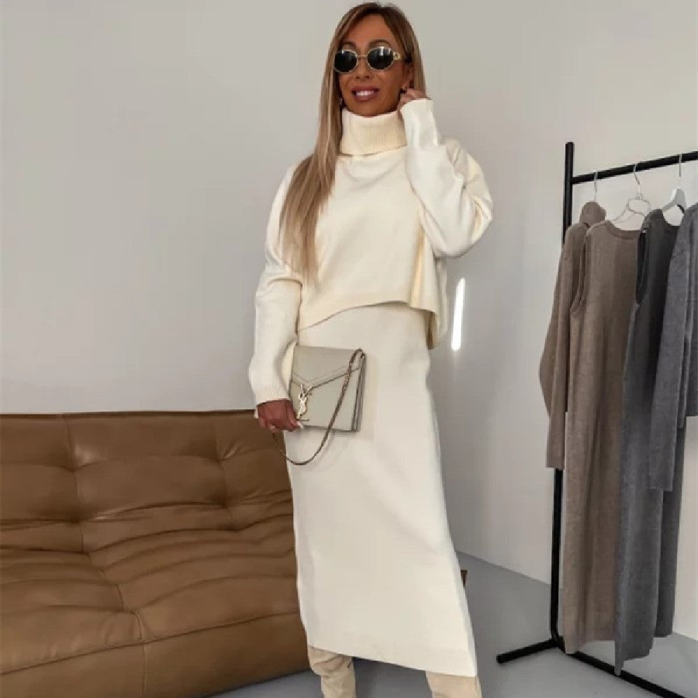Two-Piece Knit Sweater Dress Set with Turtleneck and Sleeveless Dress