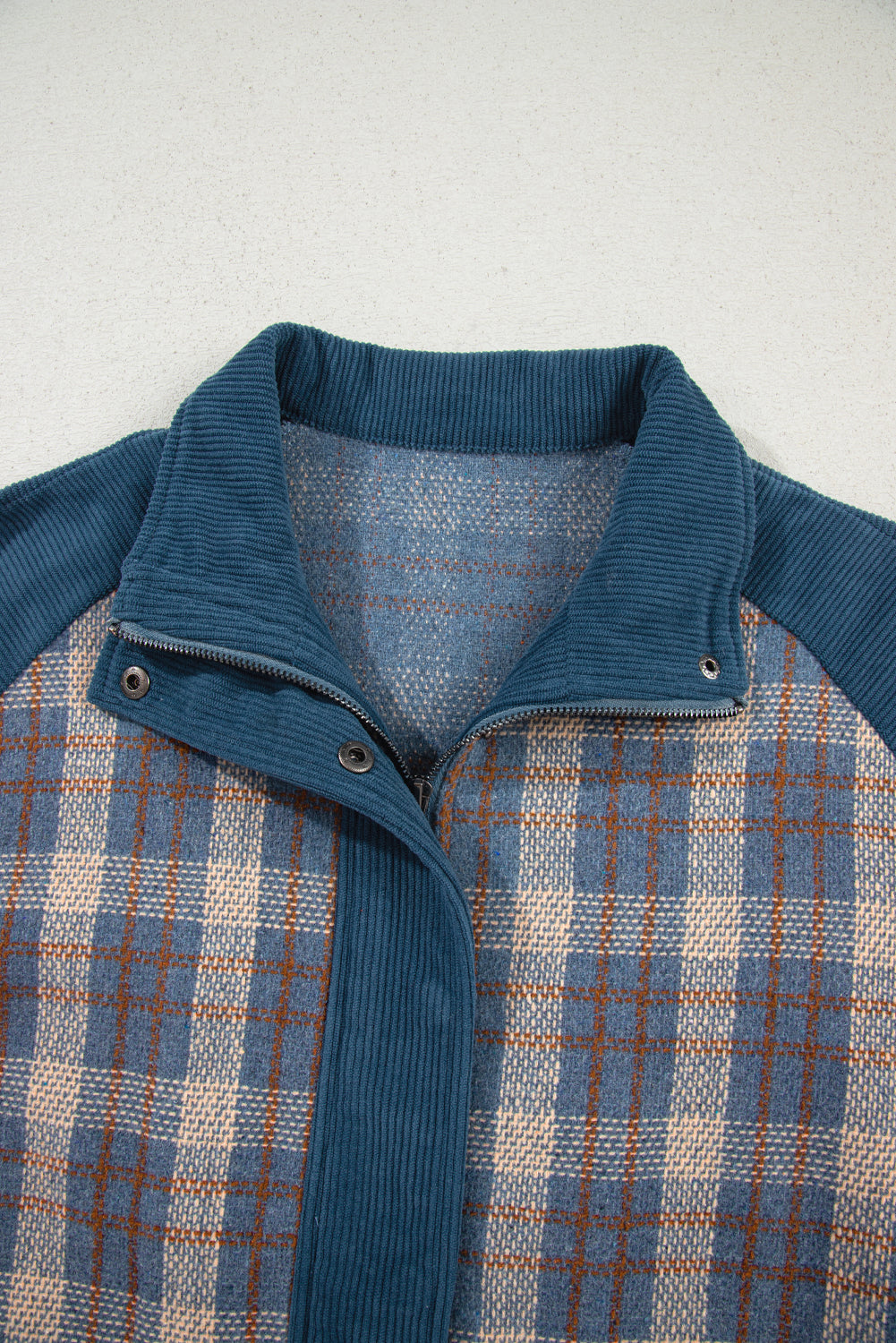 Plaid Corduroy Patchwork Zip-Up Snap-Button Jacket