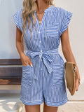 Perfee Striped Notched Tie Waist Romper | Viscose