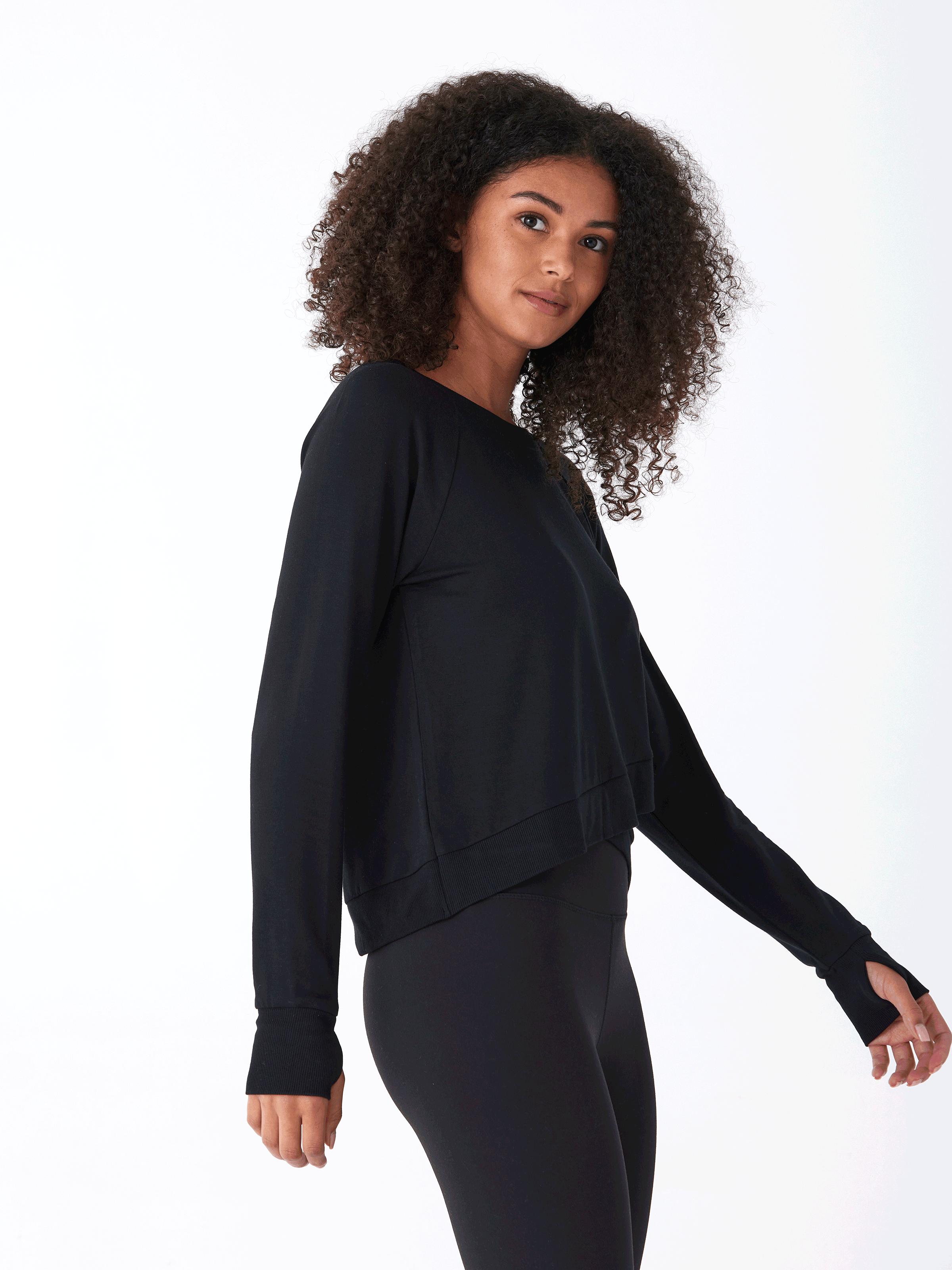 Halle Feather Fleece Crossover Hem Top in Black