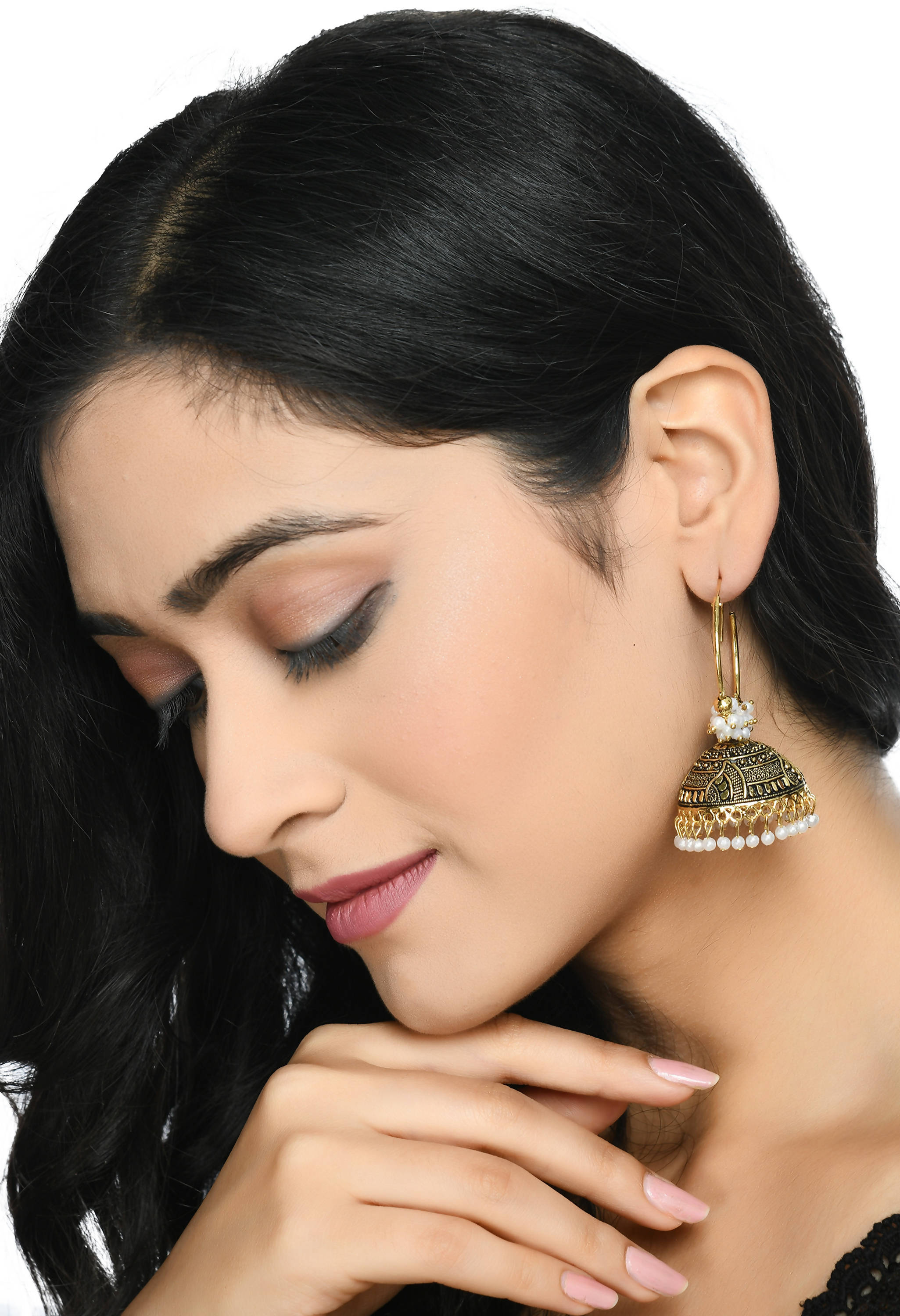 Traditional Golden Jhumka Earrings with Black and White Accents