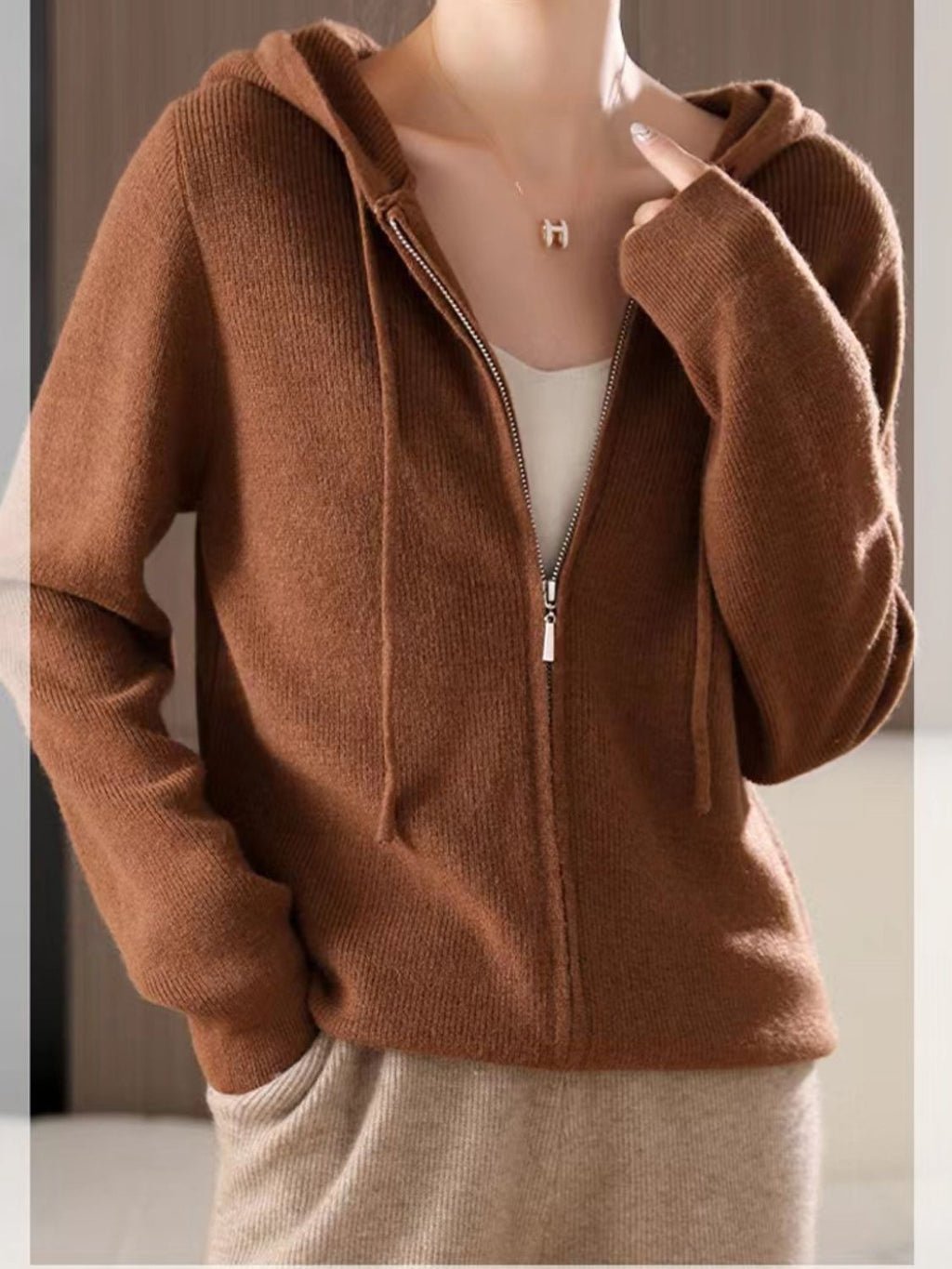 Women's Brown Long Sleeve Zip Up Knit Hoodie with Drawstring - Image 2