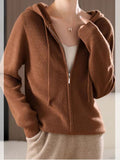 Women's Brown Long Sleeve Zip Up Knit Hoodie with Drawstring - Image 2