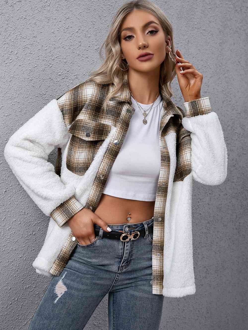 Modern Plaid Collared Button-Down Jacket for Women