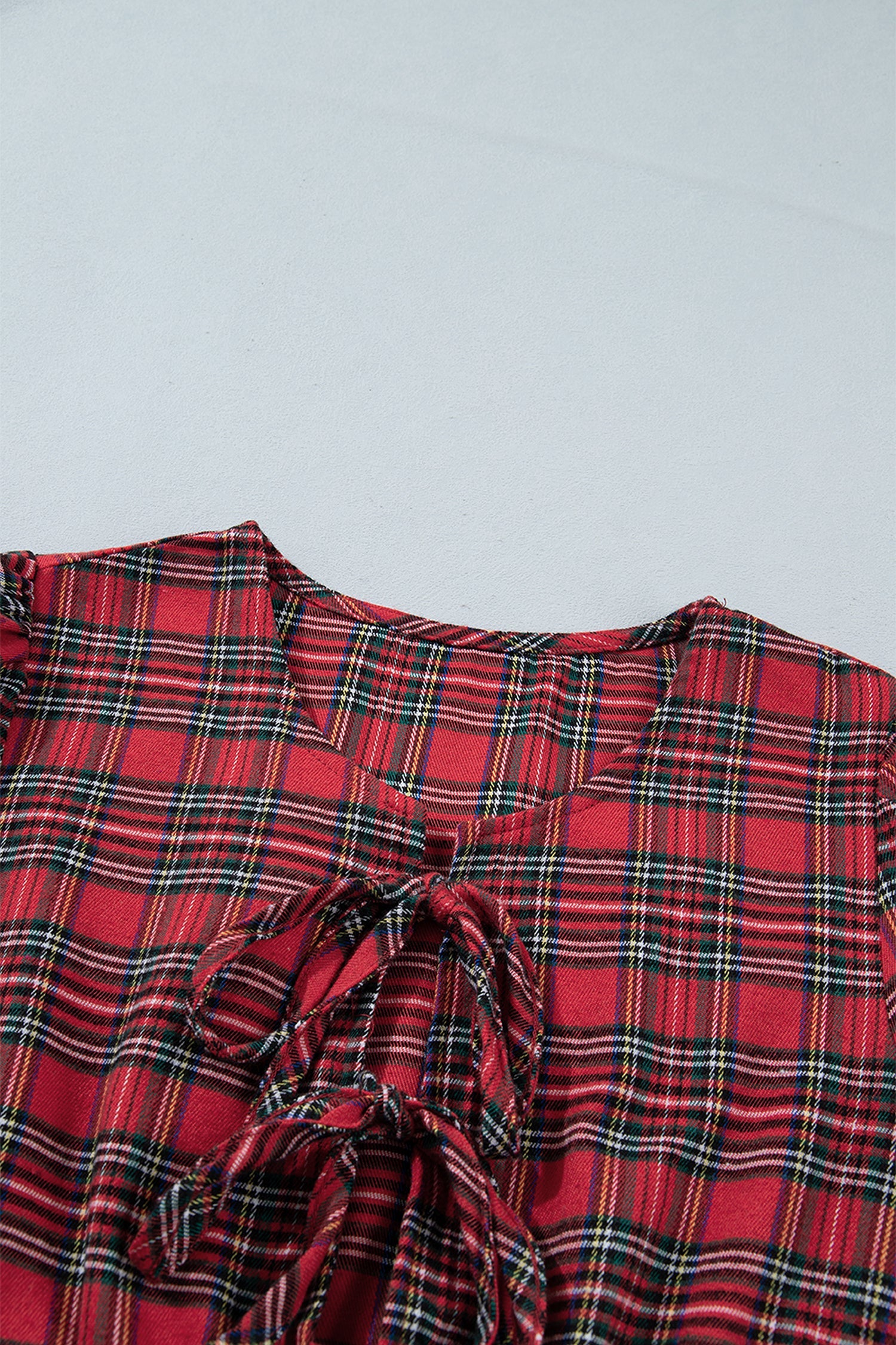 Plaid Bow Tie Front Puff Long Sleeve Dress