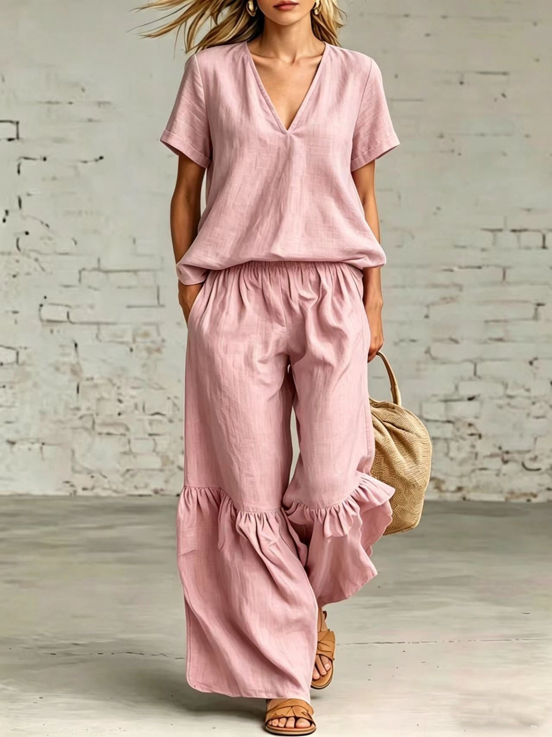 V-Neck Short Sleeve Top and Ruffled Hem Pants Set - Image 9