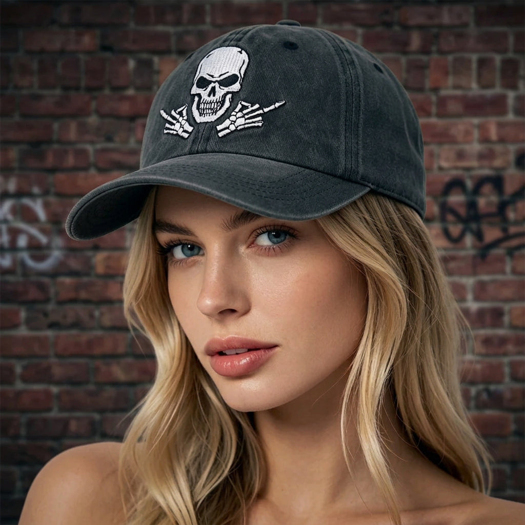 Washed Black Skull Embroidered Trucker Cap