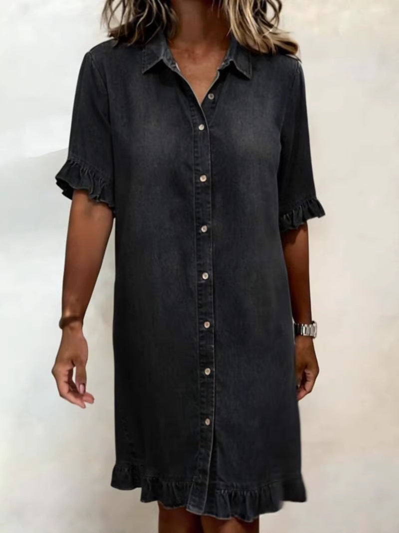 Women's Blue Faux Denim Ruffle Sleeve Casual Shirt Dress - Image 6