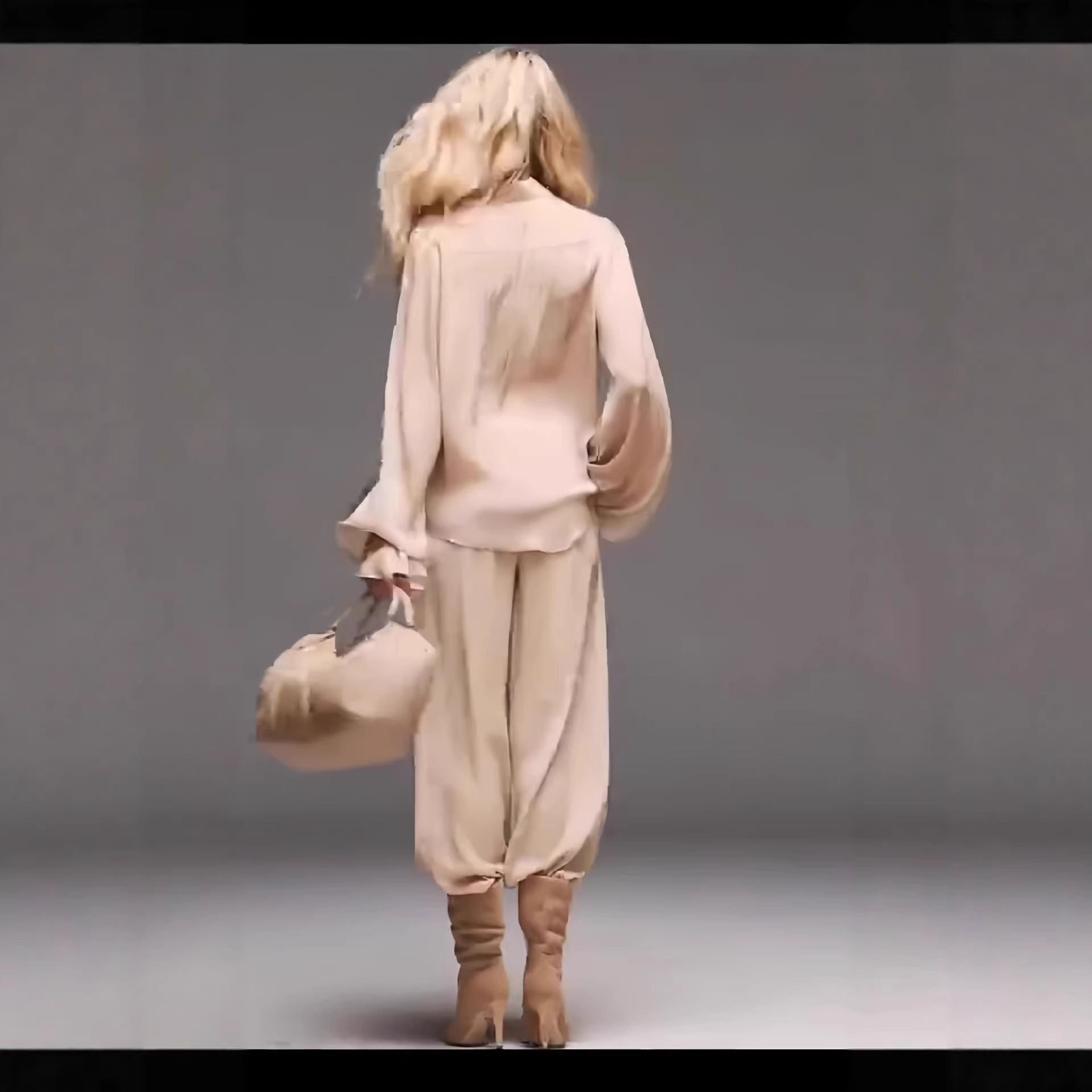 Beige Long Sleeve Tie-Front Top and Pants Two-Piece Set - Image 4