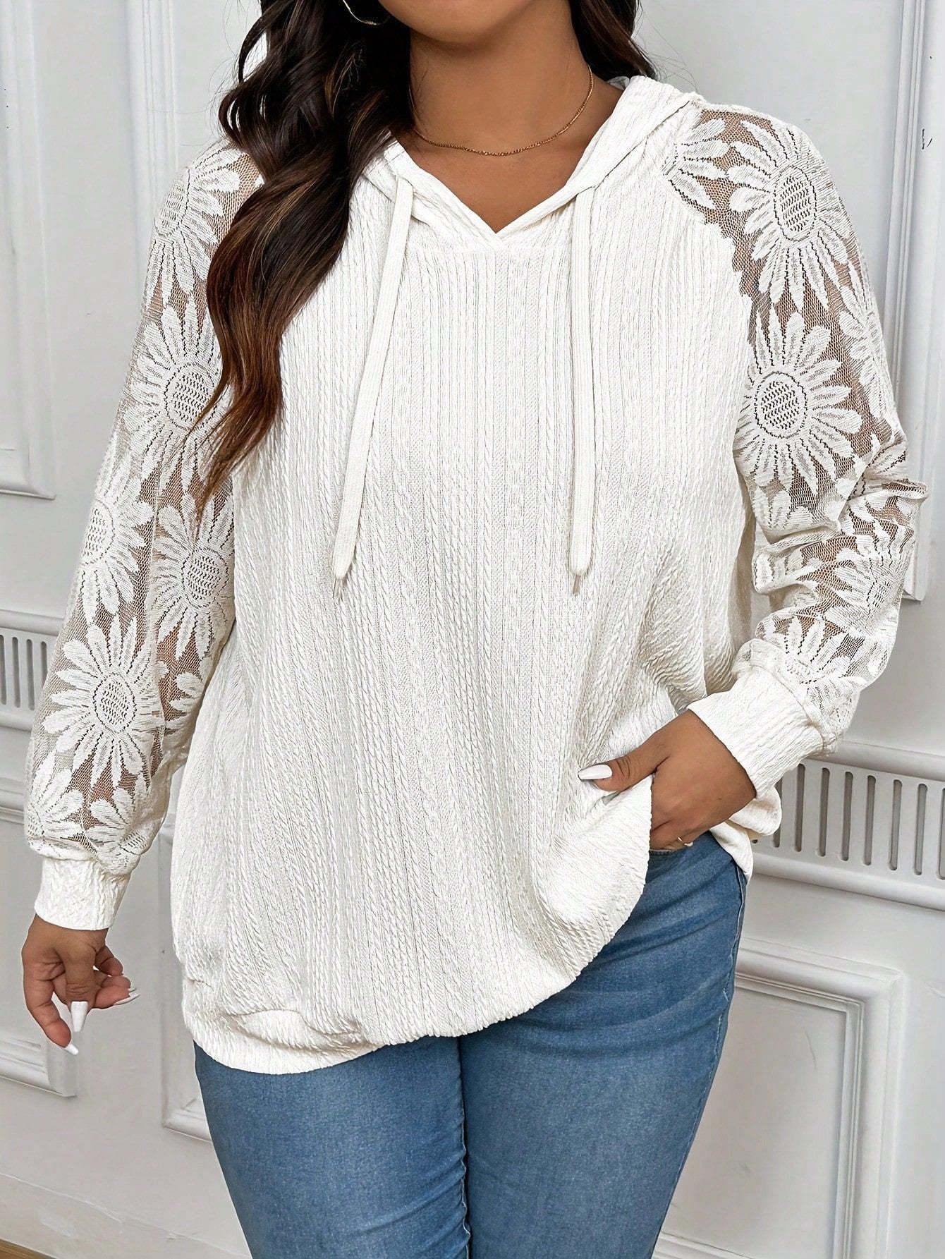 Women's Floral Lace Sleeve Pullover Hoodie in Crisp White - Image 4