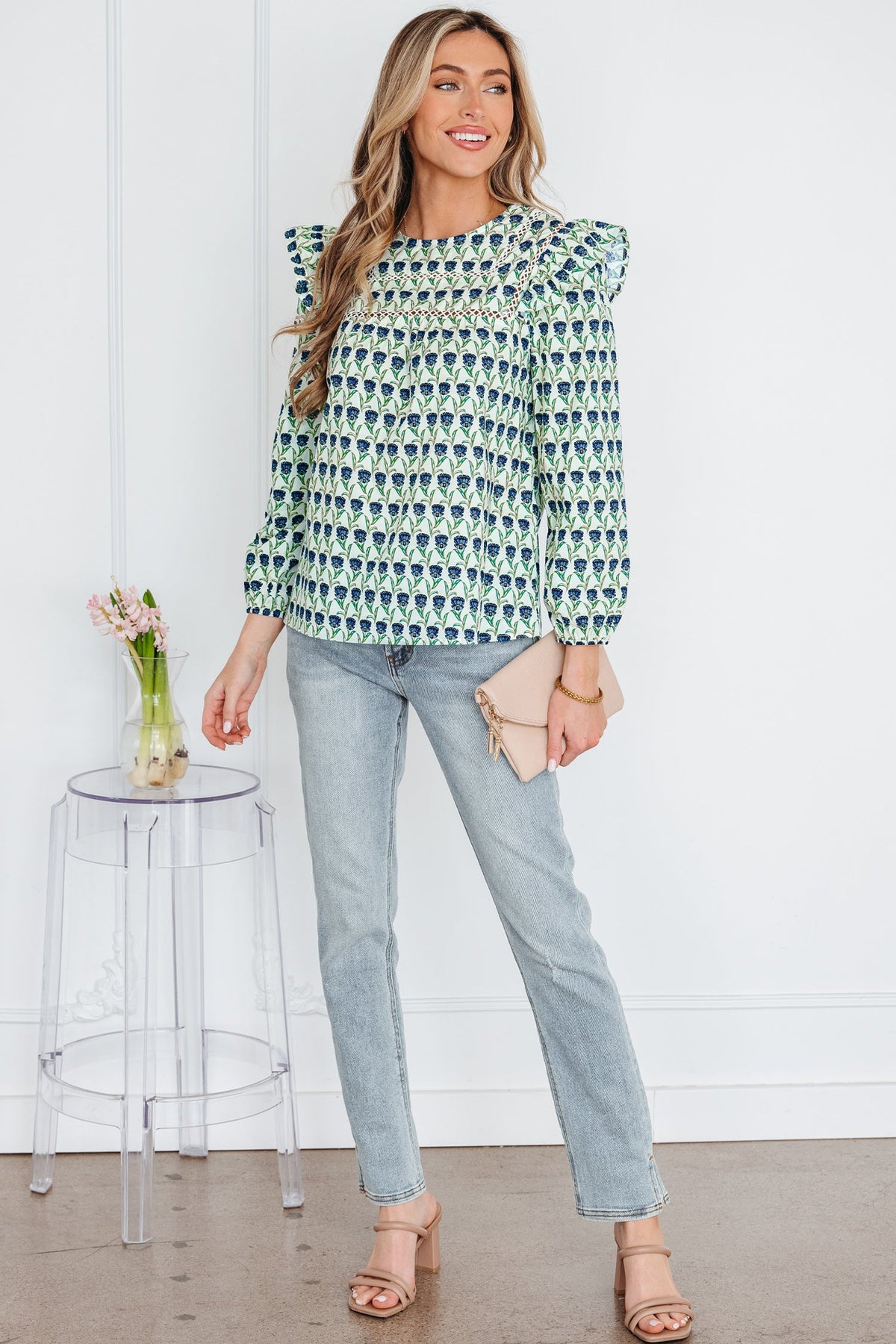 Floral Lace Trim Ruffle Long Sleeve Blouse