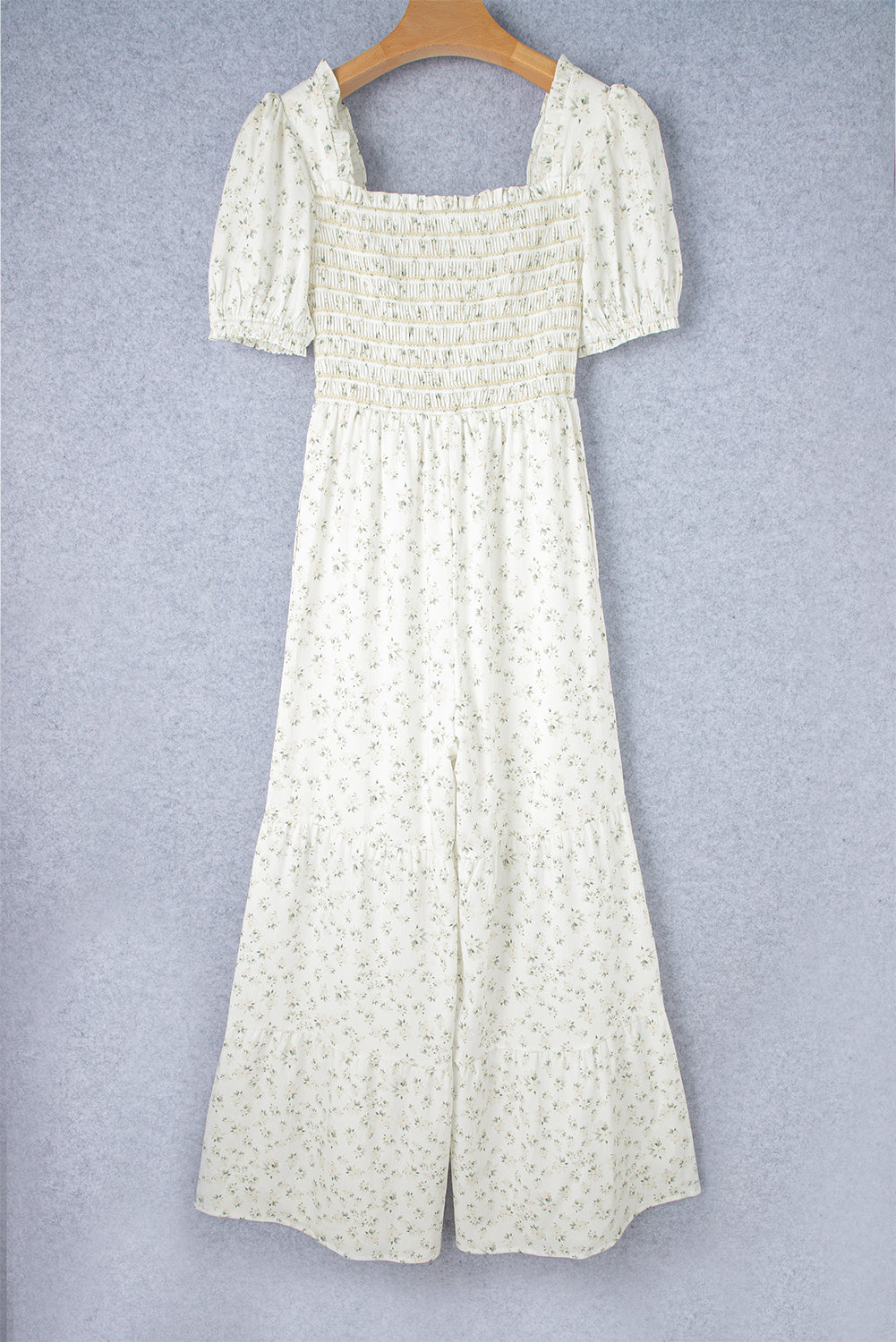White Boho Floral Smocked Wide Leg Jumpsuit Puff Sleeve