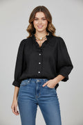 Women's Lace Embroidered Cotton Linen Blouse with Ruffled Neck - Image 2