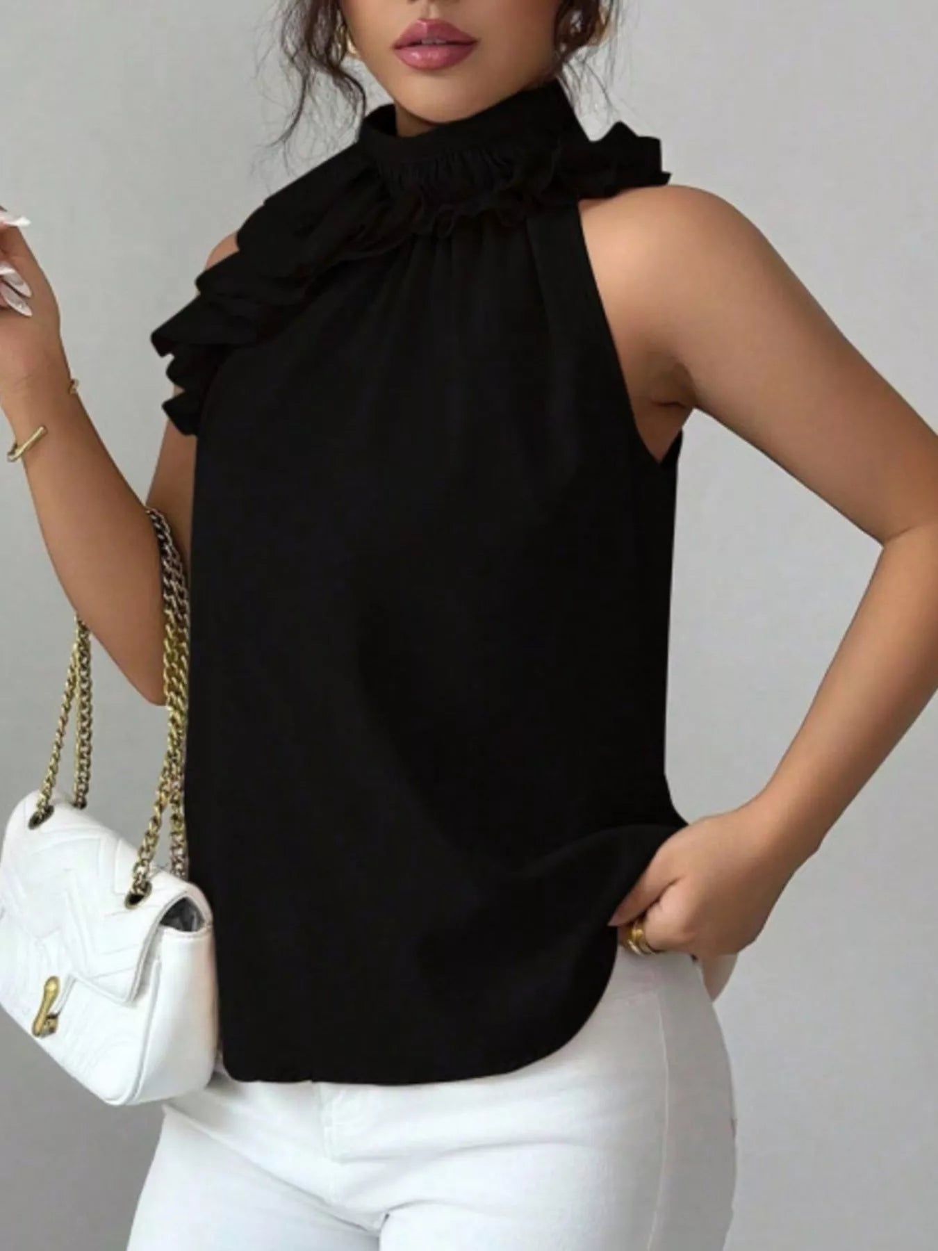Ruffle High Neck Sleeveless Tank
