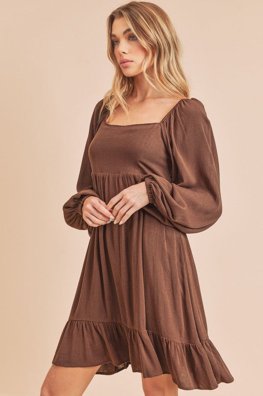 Square Neck Balloon Sleeve Mini Dress with Ruffled Hem