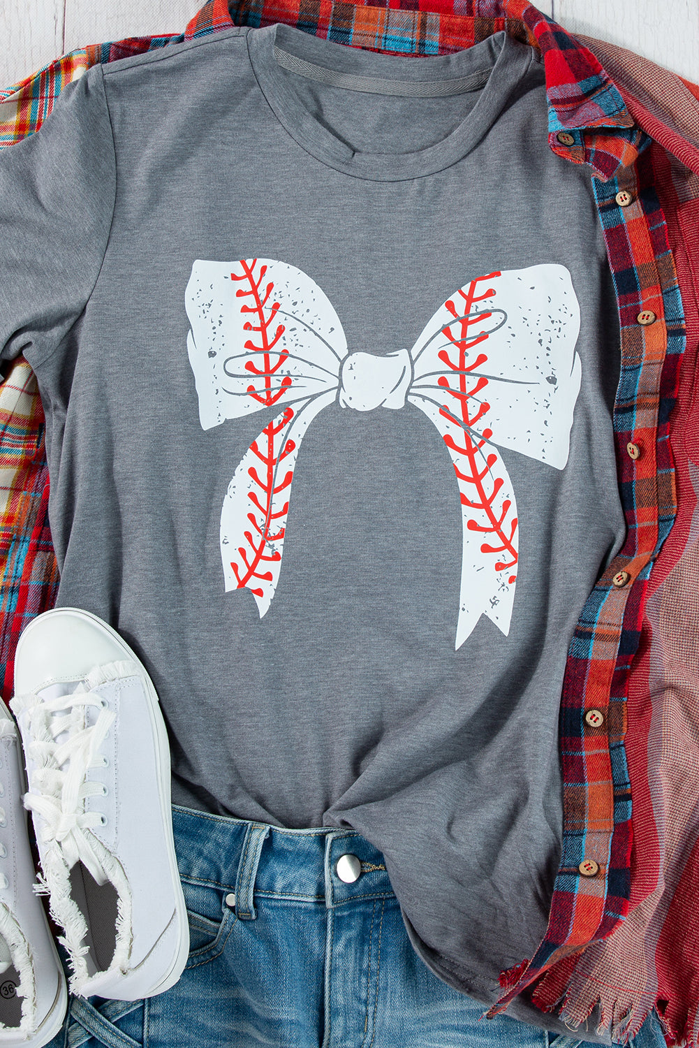 Gray Casual Baseball Graphic Tee with Bowknot & Roll Up Sleeves