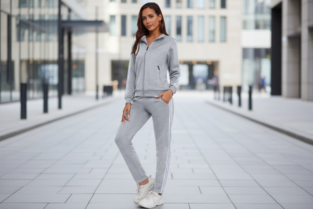 Women's Zip Up Long Sleeve Tracksuit Set with Side Stripes - Image 7