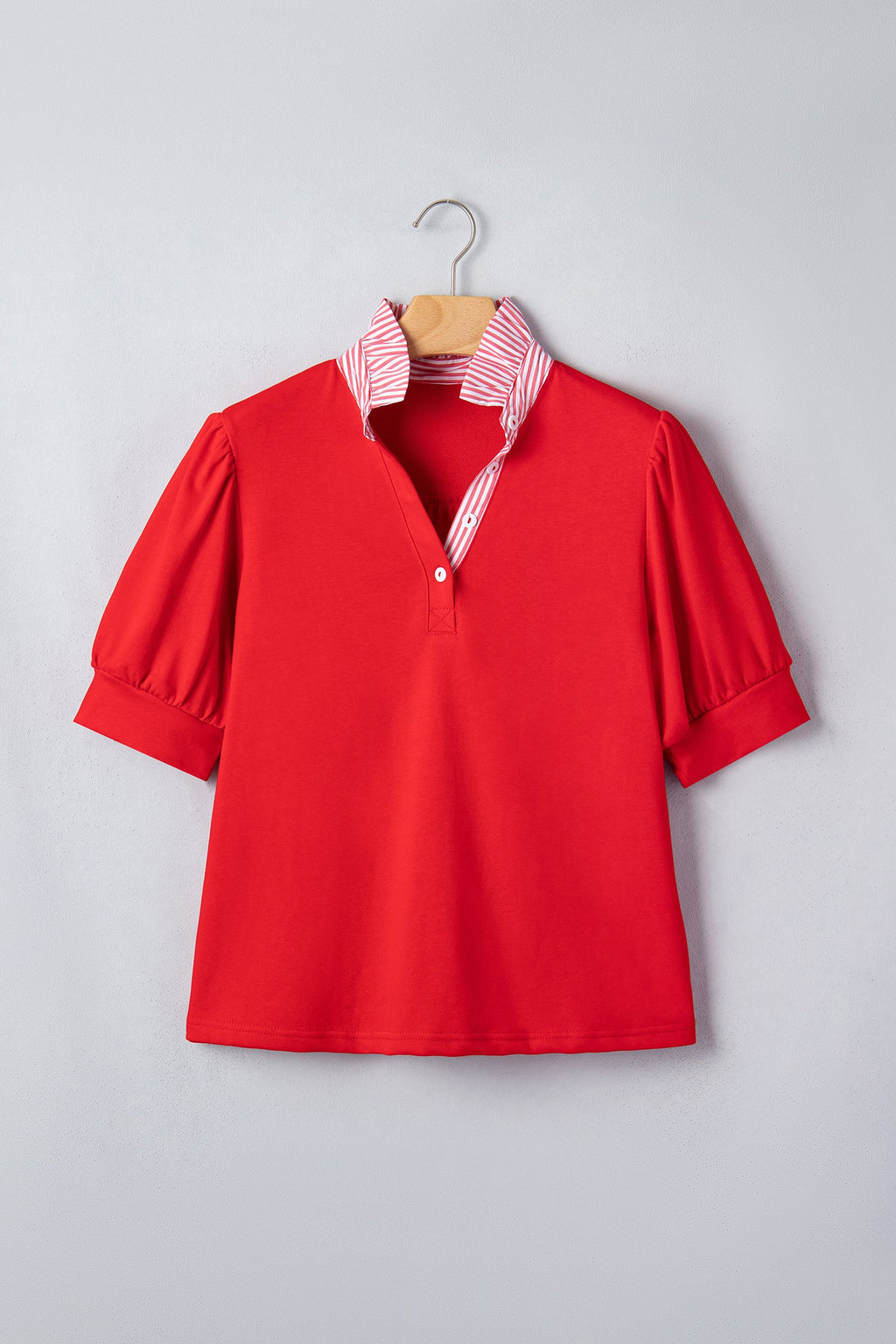 Stripe Frilled Collar Short Sleeve Blouse with Puff Sleeves