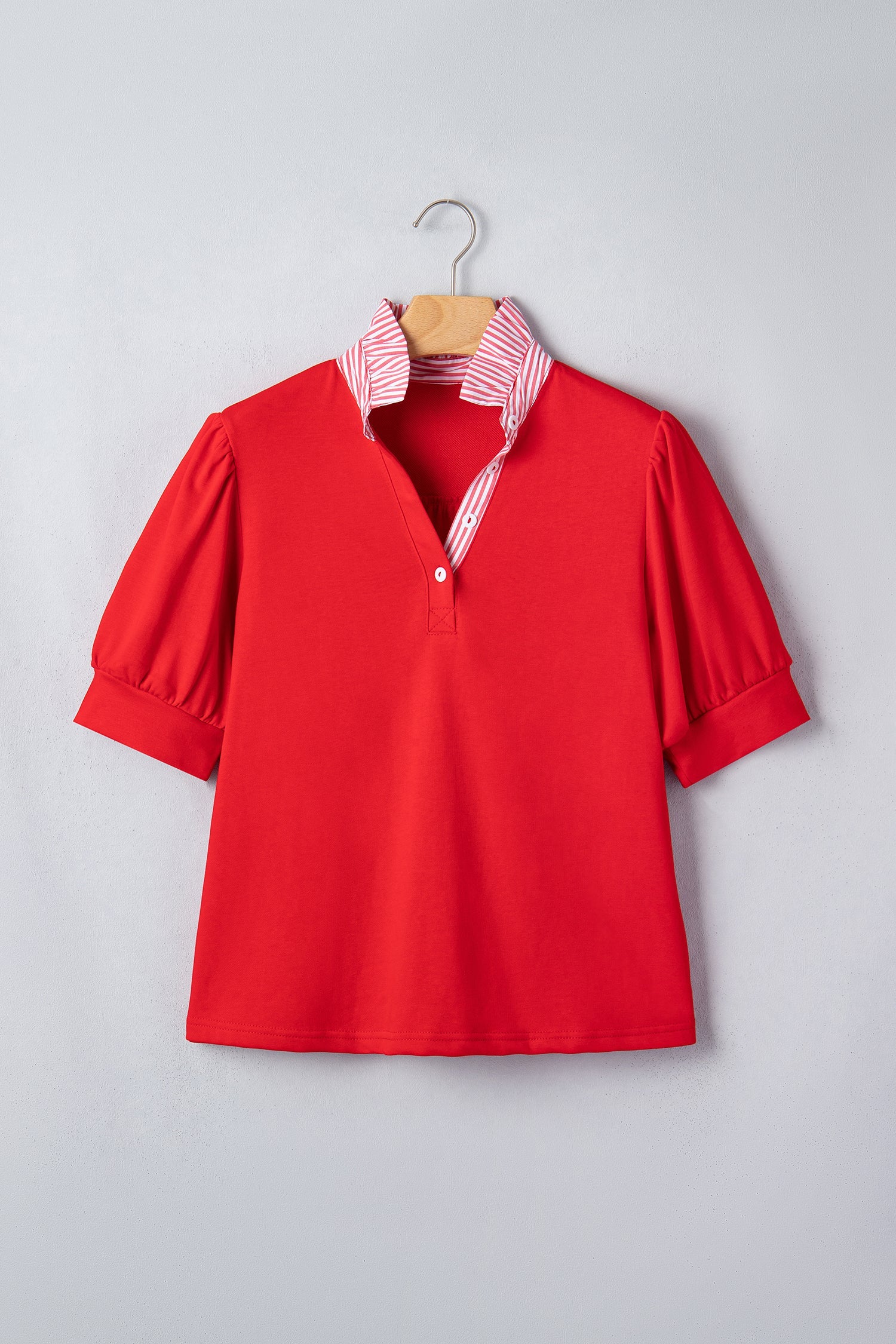 Stripe Frilled Collar Short Sleeve Blouse with Puff Sleeves