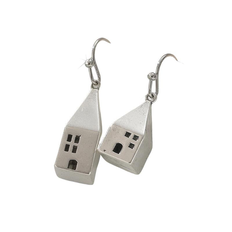 Vintage House Charm Drop Earrings Silver Tone Brass Women Artistic Daily Fashion Jewelry Gift Elegant