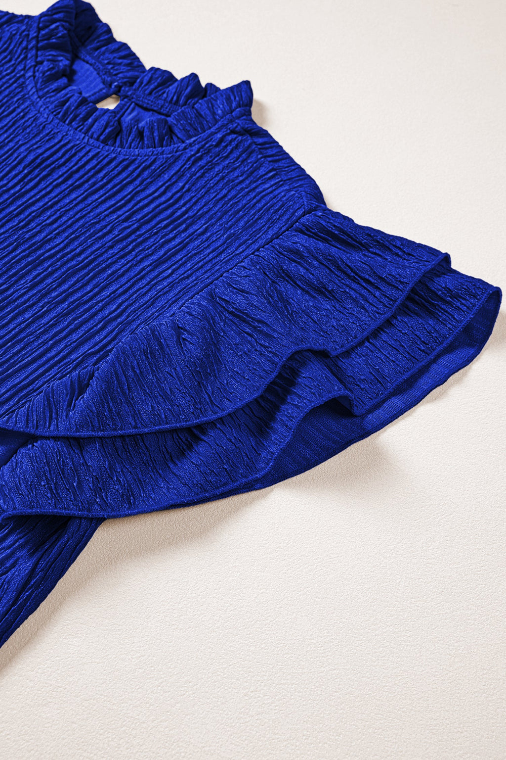 Solid Textured Ruffle Trim Short Sleeve Blouse - Feminine Top