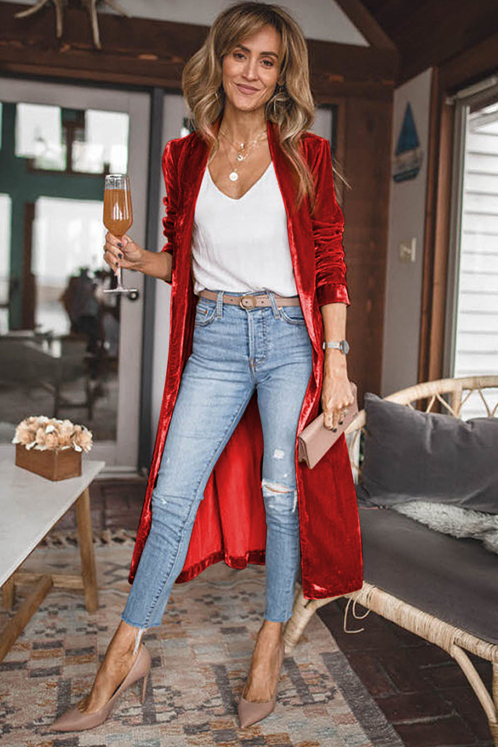 Red Velvet Open Front Long Cardigan with Pockets
