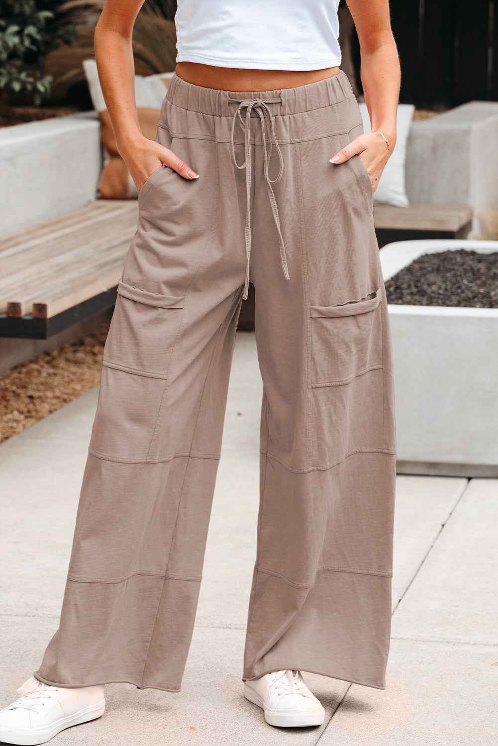 Smoke Gray Mineral Wash Exposed Seam Drawstring Elastic Waistband Wide Leg Cargo Pants
