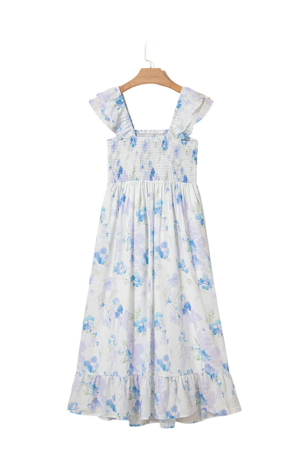 Sky Blue Floral Smocked High Waist Maxi Dress | Sleeveless