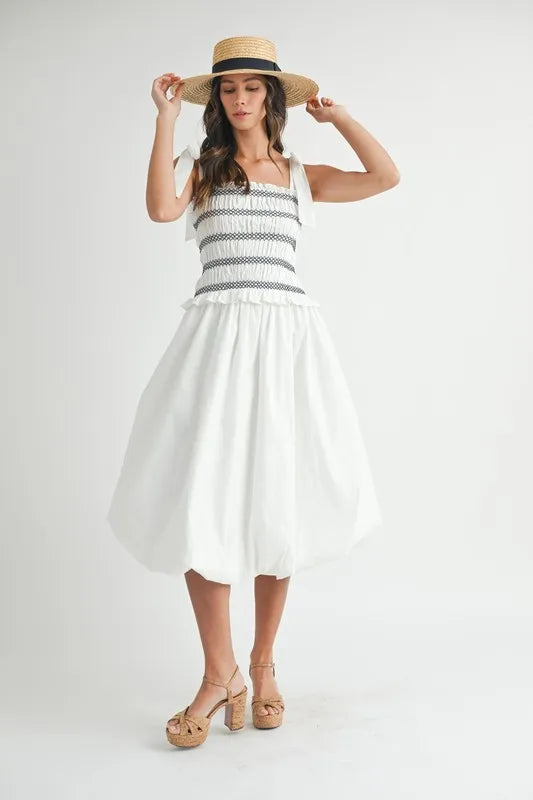 Smocked Bodice Bubble Midi Dress For Women – Stylish Smocked Bodice, Playful Bubble Skirt, Trendy Midi Dress, Chic Casual Look for Summer Outings